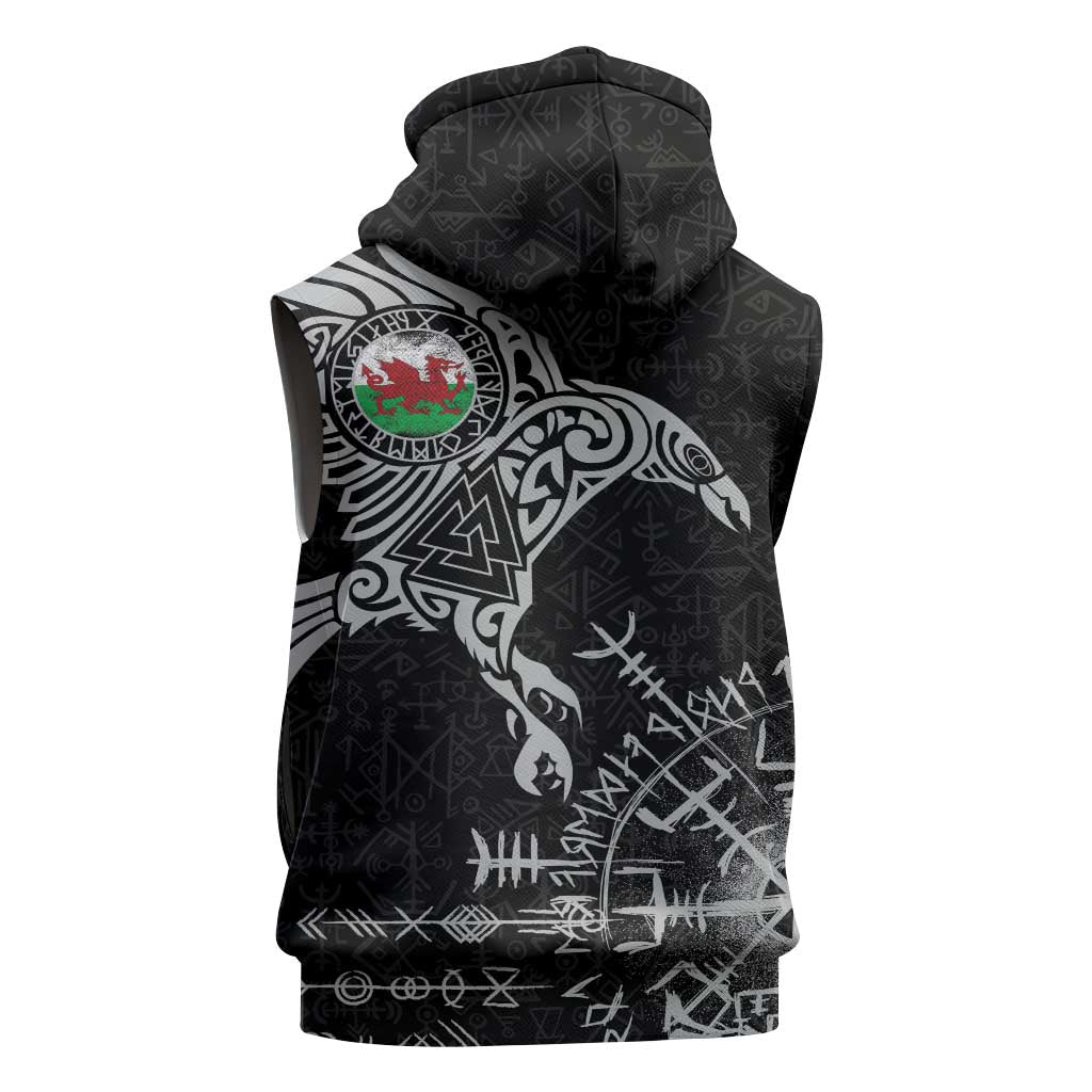 Wales Viking Ravens Sleeveless Hoodie Vegvisir Runes Pattern - Wonder Print Shop