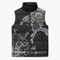 Wales Viking Ravens Sleeveless Puffer Jacket Vegvisir Runes Pattern - Wonder Print Shop