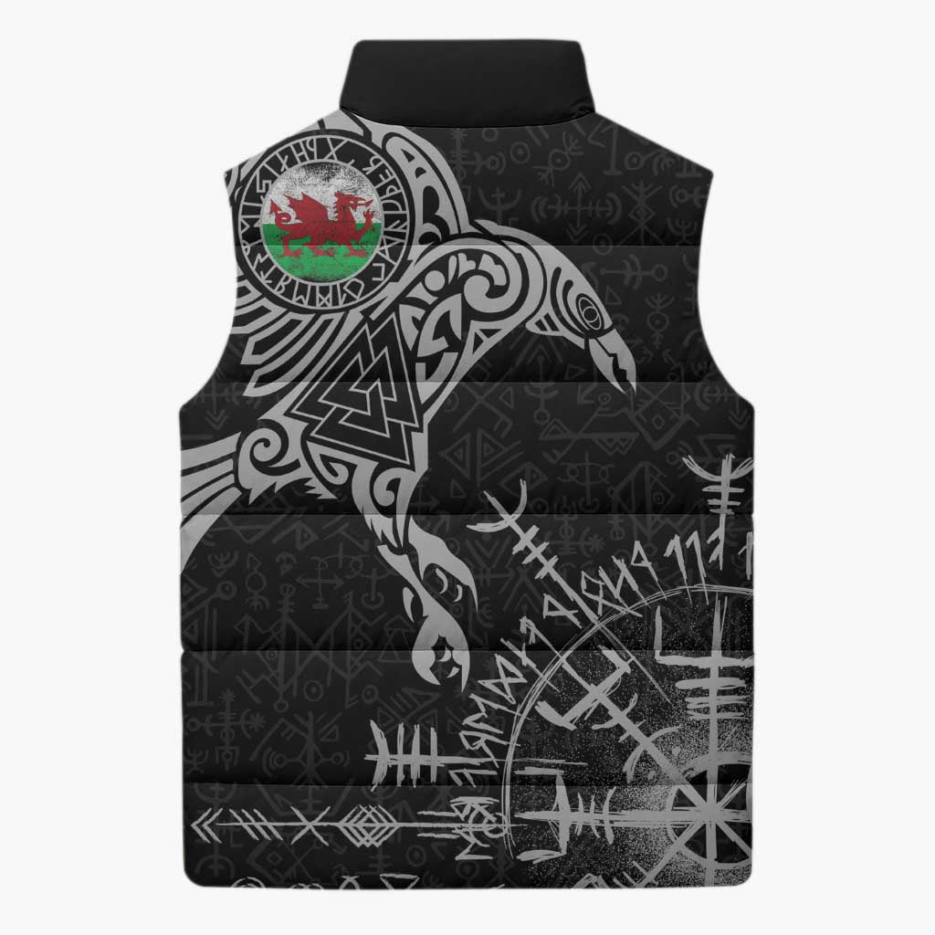 Wales Viking Ravens Sleeveless Puffer Jacket Vegvisir Runes Pattern - Wonder Print Shop