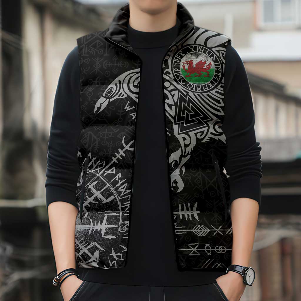 Wales Viking Ravens Sleeveless Puffer Jacket Vegvisir Runes Pattern - Wonder Print Shop