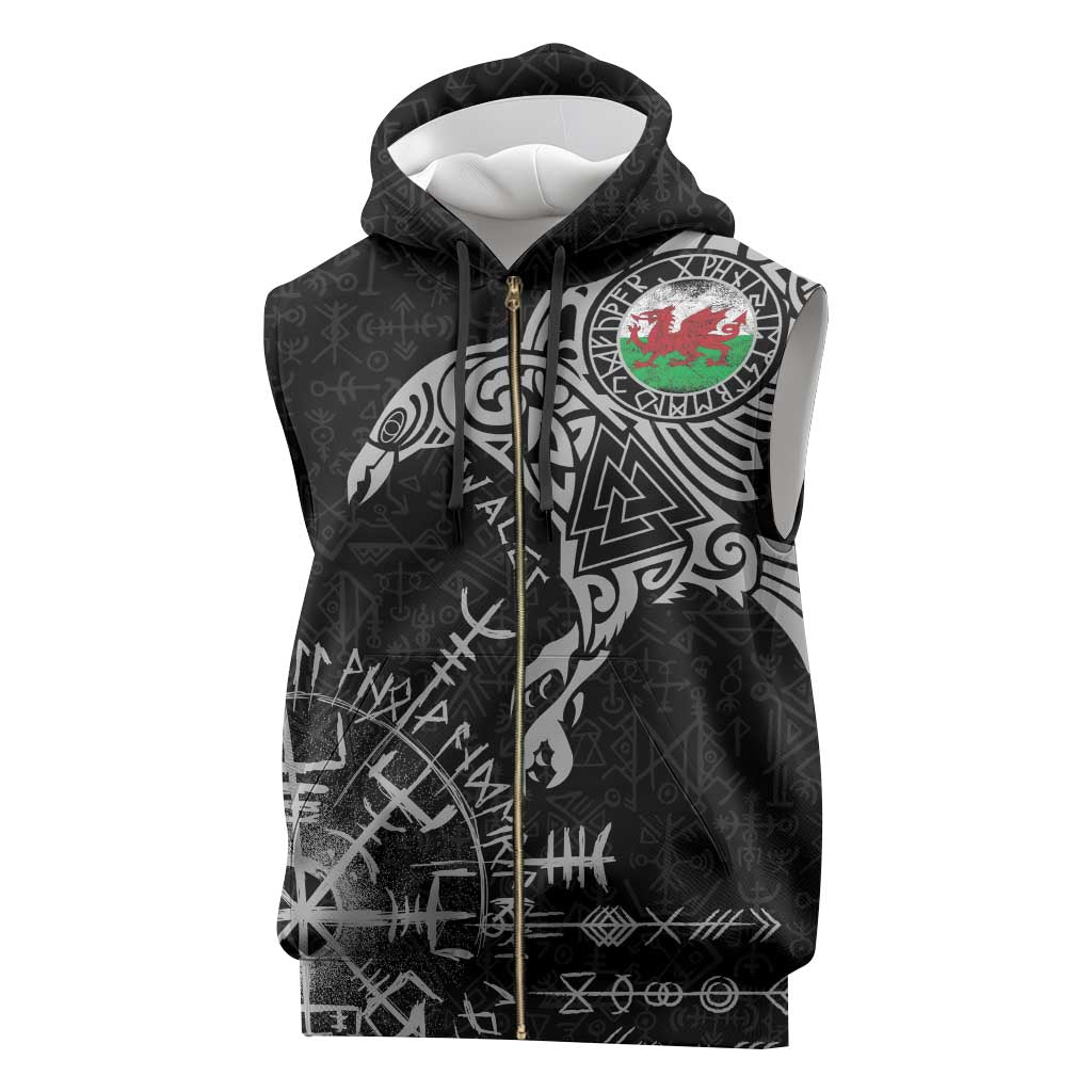 Wales Viking Ravens Sleeveless Zip Hoodie Vegvisir Runes Pattern - Wonder Print Shop