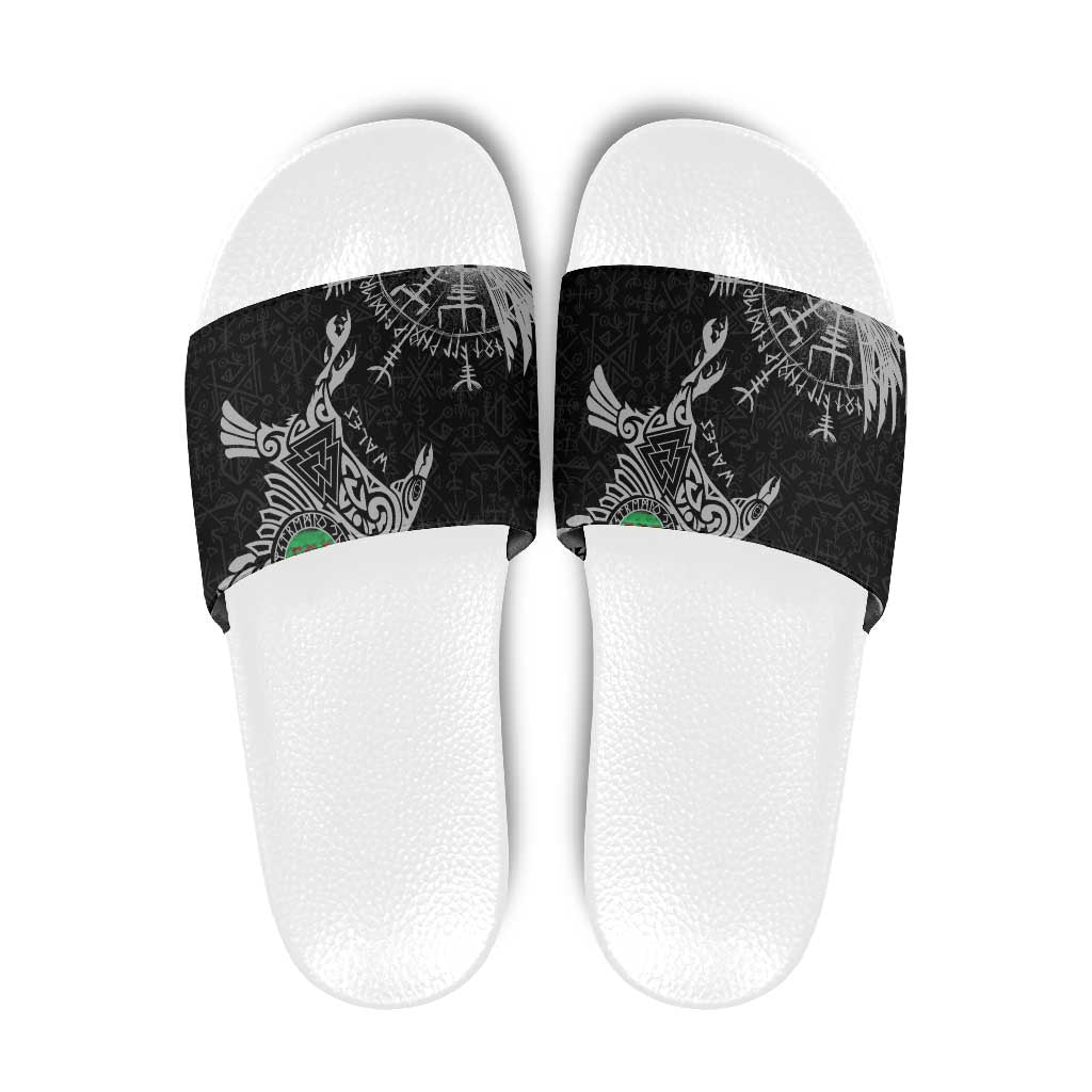 Wales Viking Ravens Slide Sandals Vegvisir Runes Pattern - Wonder Print Shop