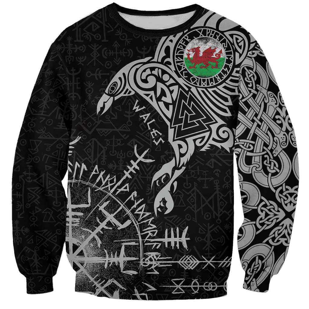Wales Viking Ravens Sweatshirt Vegvisir Runes Pattern - Wonder Print Shop