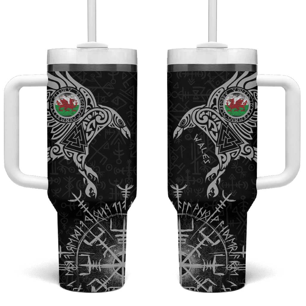 Wales Viking Ravens Tumbler With Handle Vegvisir Runes Pattern - Wonder Print Shop