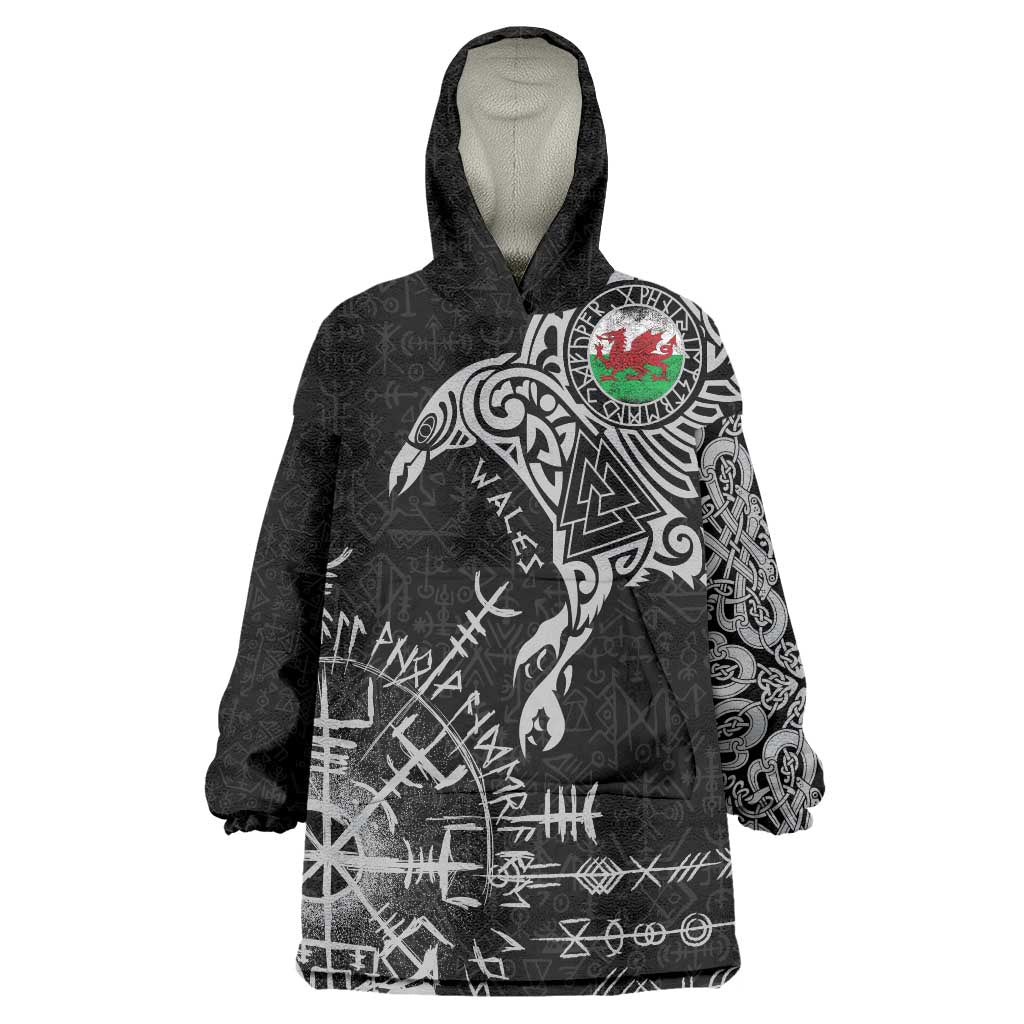 Wales Viking Ravens Wearable Blanket Hoodie Vegvisir Runes Pattern - Wonder Print Shop