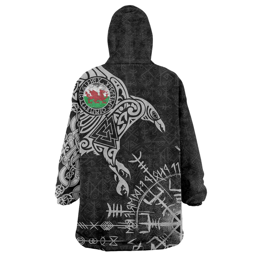 Wales Viking Ravens Wearable Blanket Hoodie Vegvisir Runes Pattern - Wonder Print Shop
