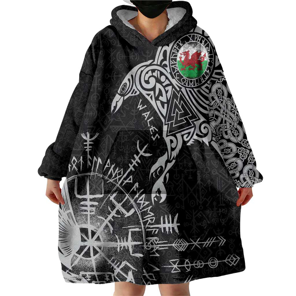 Wales Viking Ravens Wearable Blanket Hoodie Vegvisir Runes Pattern - Wonder Print Shop