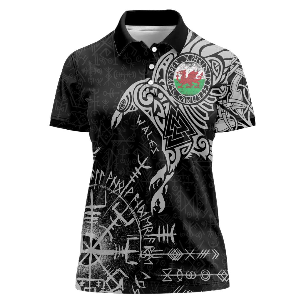 Wales Viking Ravens Women Polo Shirt Vegvisir Runes Pattern - Wonder Print Shop