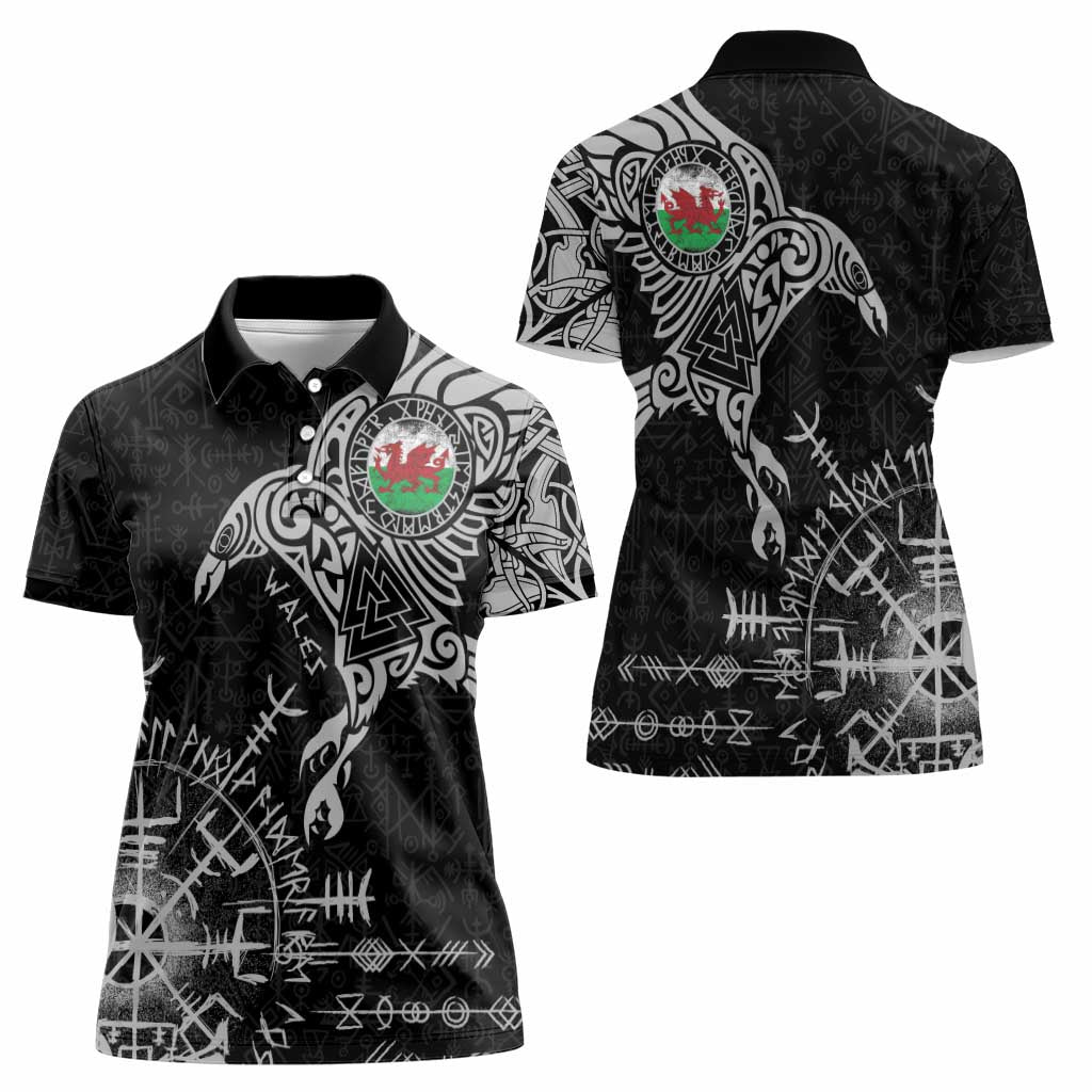 Wales Viking Ravens Women Polo Shirt Vegvisir Runes Pattern - Wonder Print Shop