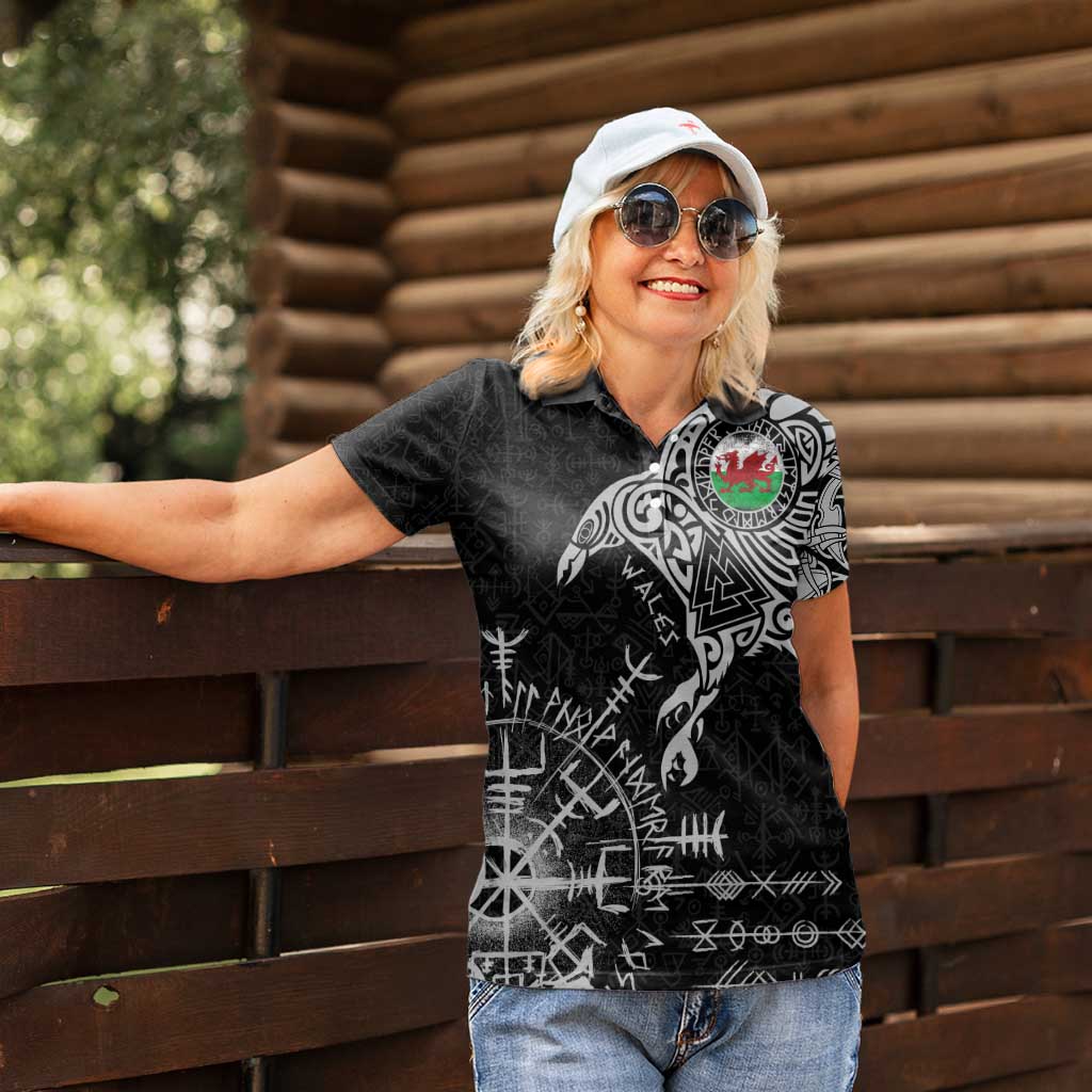 Wales Viking Ravens Women Polo Shirt Vegvisir Runes Pattern - Wonder Print Shop