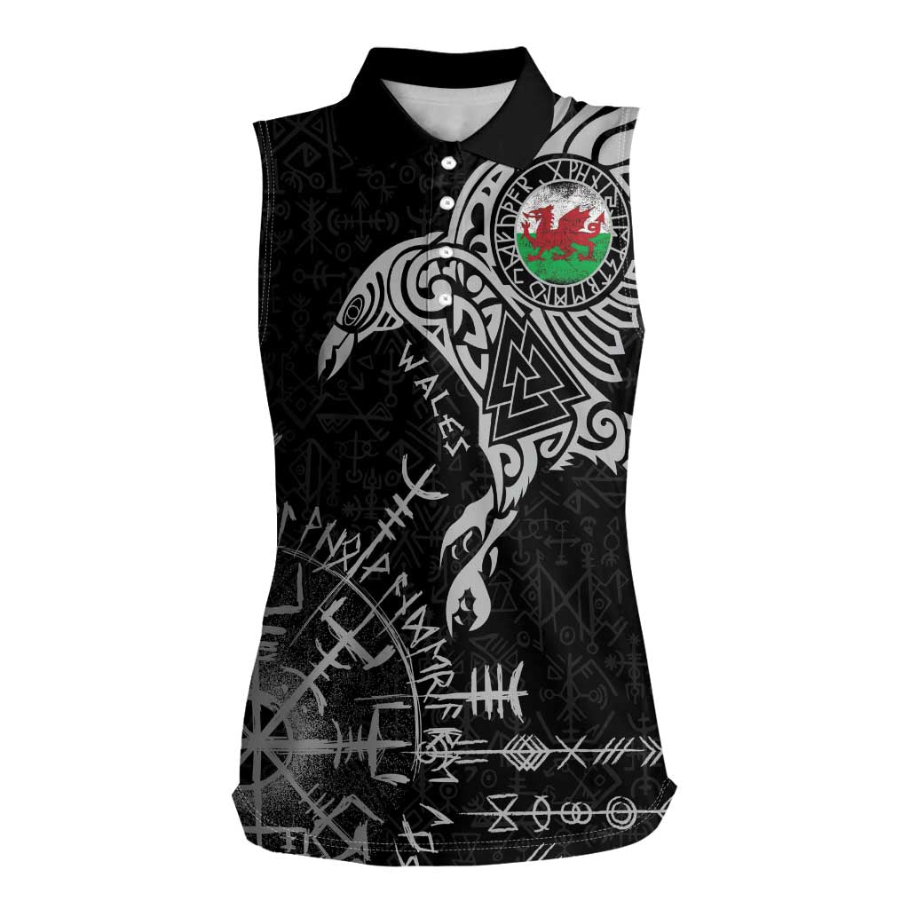 Wales Viking Ravens Women Sleeveless Polo Shirt Vegvisir Runes Pattern - Wonder Print Shop