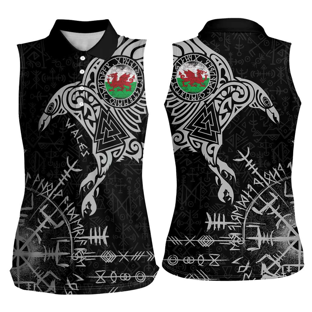 Wales Viking Ravens Women Sleeveless Polo Shirt Vegvisir Runes Pattern - Wonder Print Shop