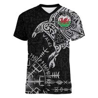 Wales Viking Ravens Women V-Neck T-Shirt Vegvisir Runes Pattern - Wonder Print Shop