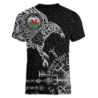 Wales Viking Ravens Women V-Neck T-Shirt Vegvisir Runes Pattern - Wonder Print Shop