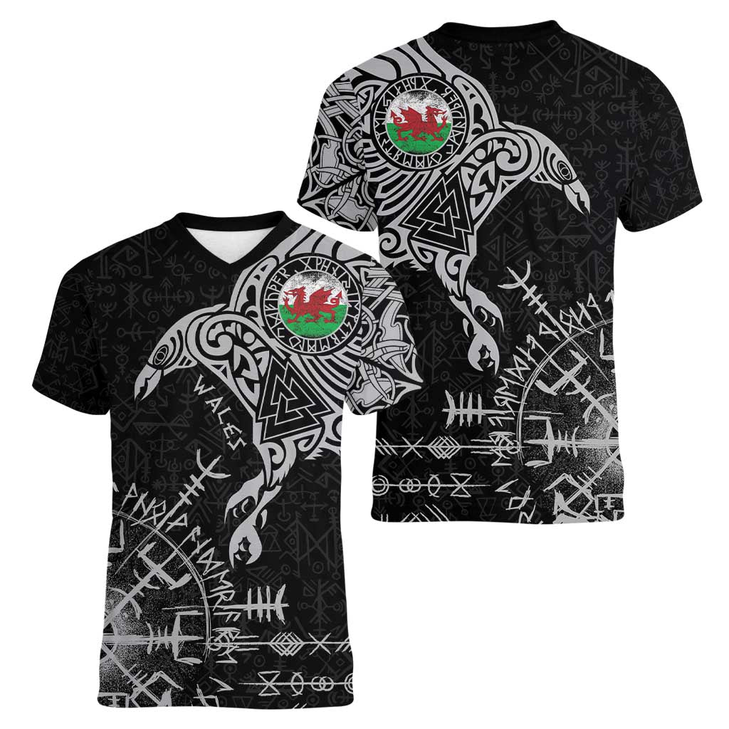 Wales Viking Ravens Women V-Neck T-Shirt Vegvisir Runes Pattern - Wonder Print Shop