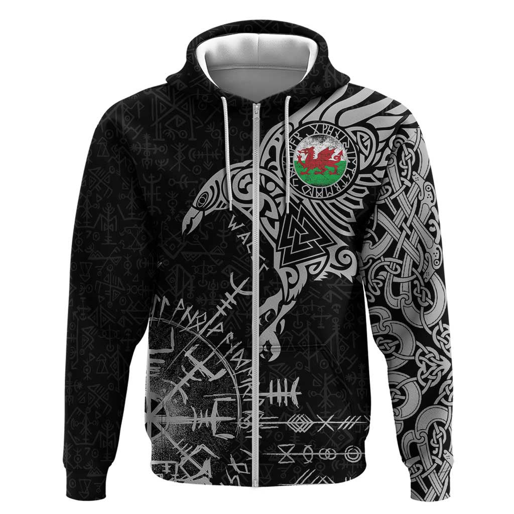 Wales Viking Ravens Zip Hoodie Vegvisir Runes Pattern - Wonder Print Shop