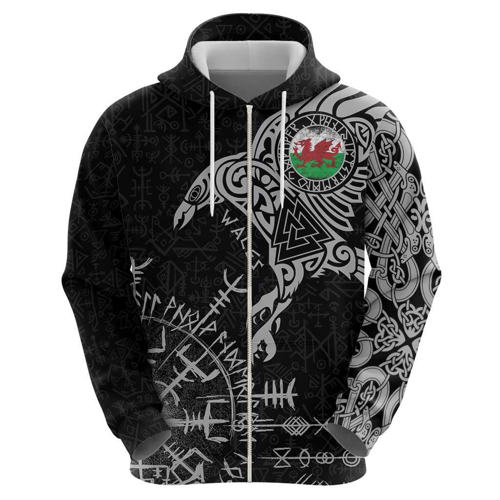 Wales Viking Ravens Zip Hoodie Vegvisir Runes Pattern - Wonder Print Shop