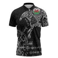Wales Viking Ravens Zipper Polo Shirt Vegvisir Runes Pattern - Wonder Print Shop