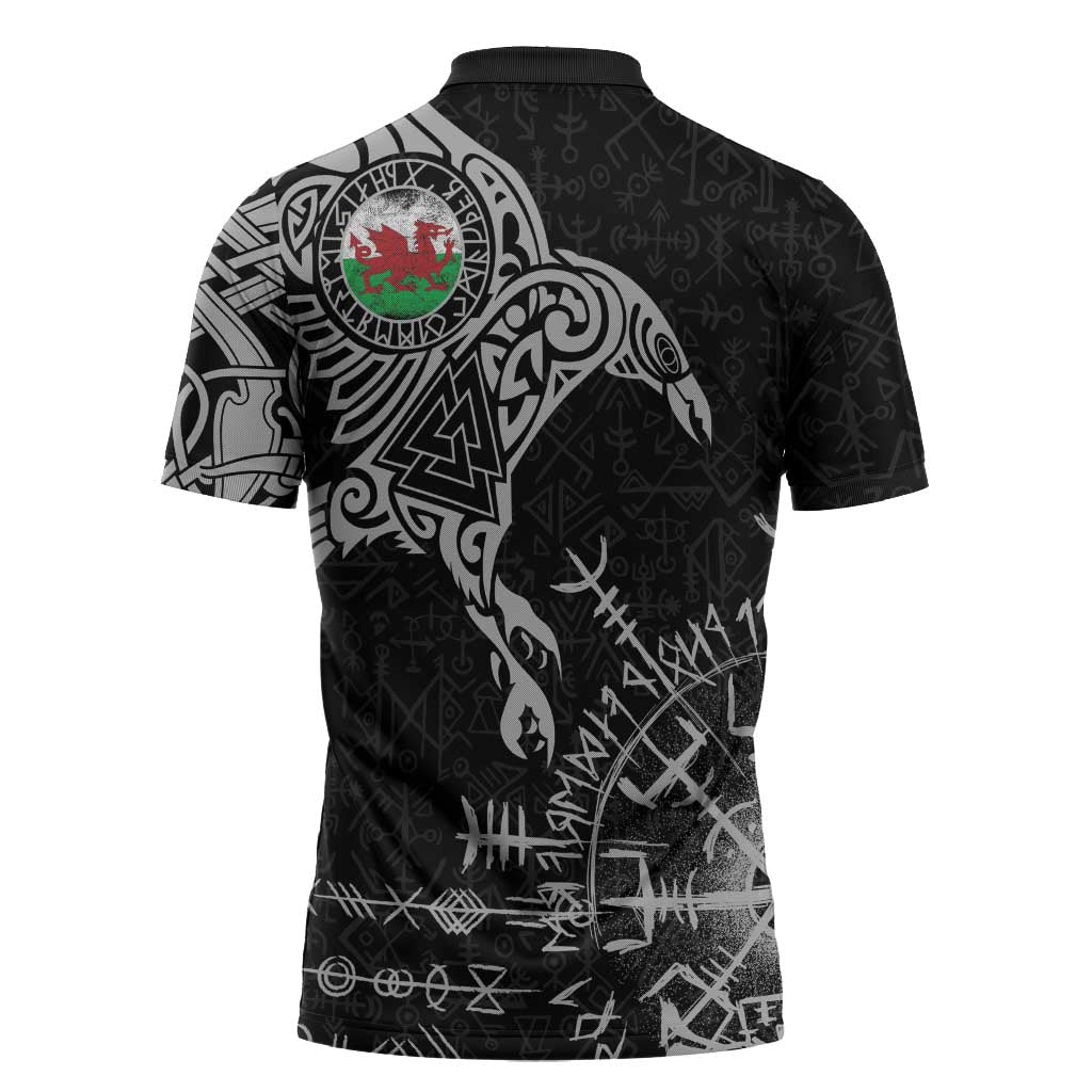 Wales Viking Ravens Zipper Polo Shirt Vegvisir Runes Pattern - Wonder Print Shop