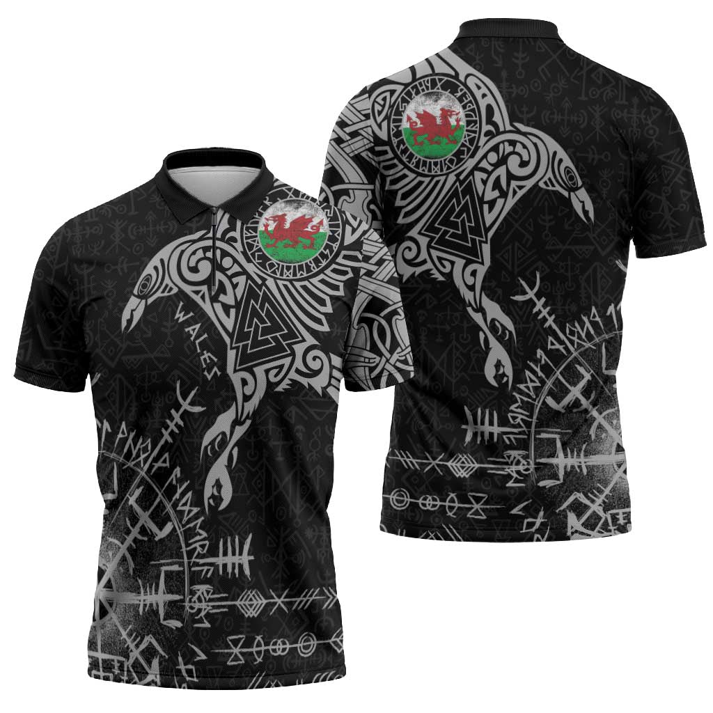 Wales Viking Ravens Zipper Polo Shirt Vegvisir Runes Pattern - Wonder Print Shop