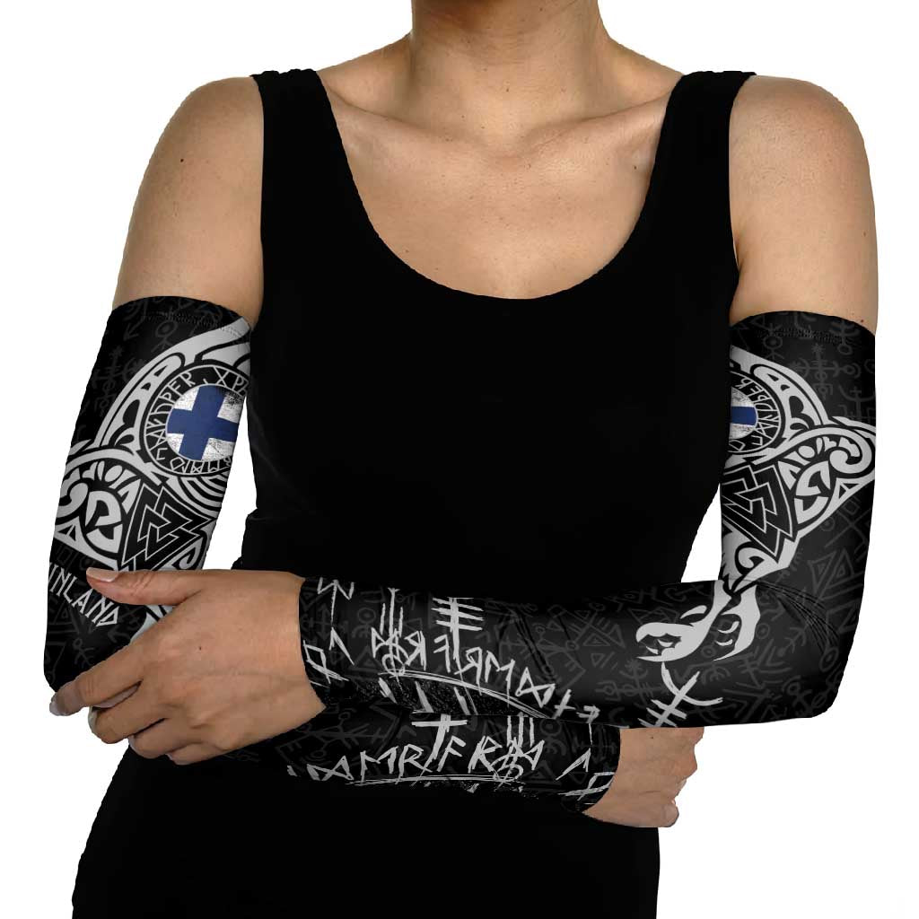 Finland Viking Ravens Arm Sleeves Vegvisir Runes Pattern - Wonder Print Shop