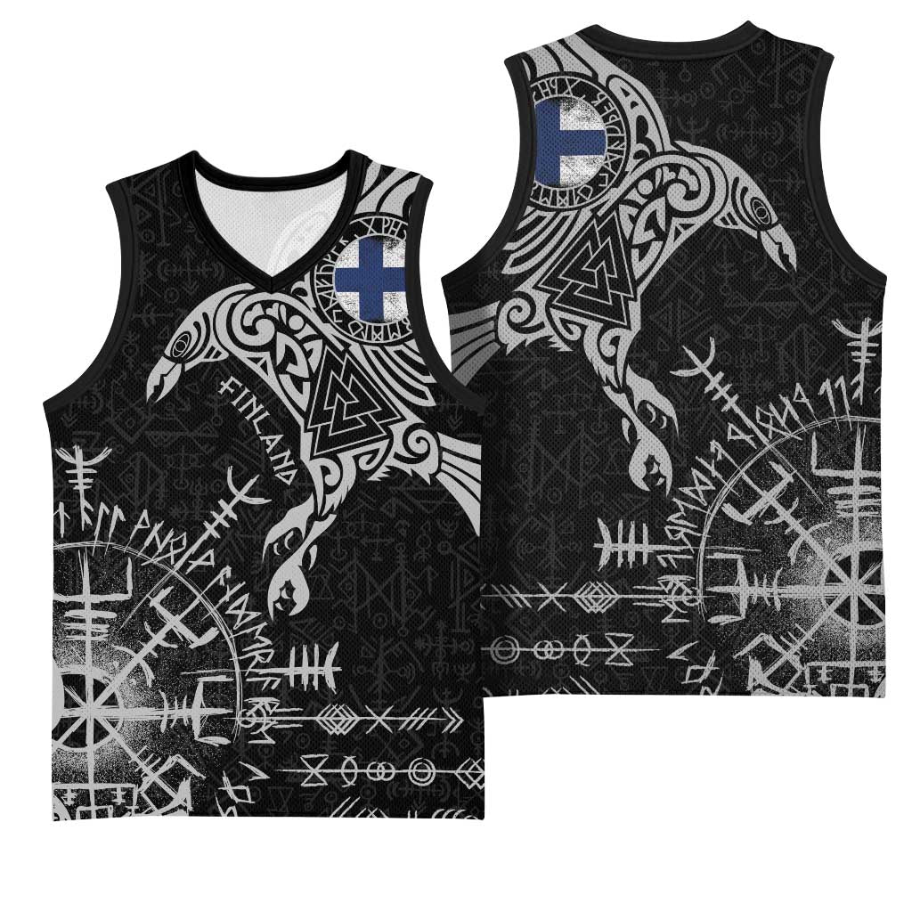 Finland Viking Ravens Basketball Jersey Vegvisir Runes Pattern - Wonder Print Shop