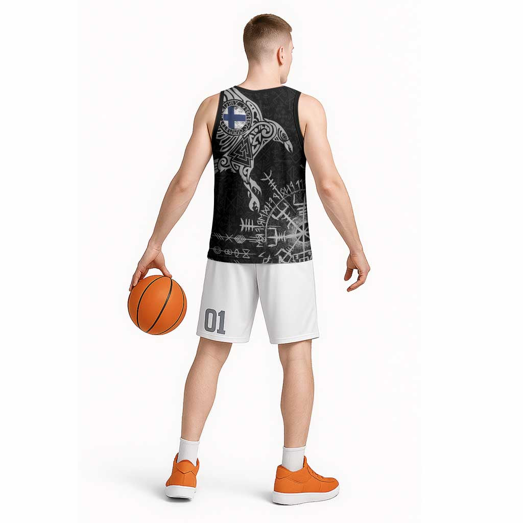 Finland Viking Ravens Basketball Jersey Vegvisir Runes Pattern - Wonder Print Shop