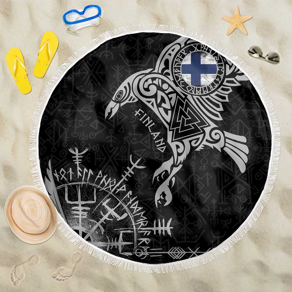 Finland Viking Ravens Beach Blanket Vegvisir Runes Pattern - Wonder Print Shop