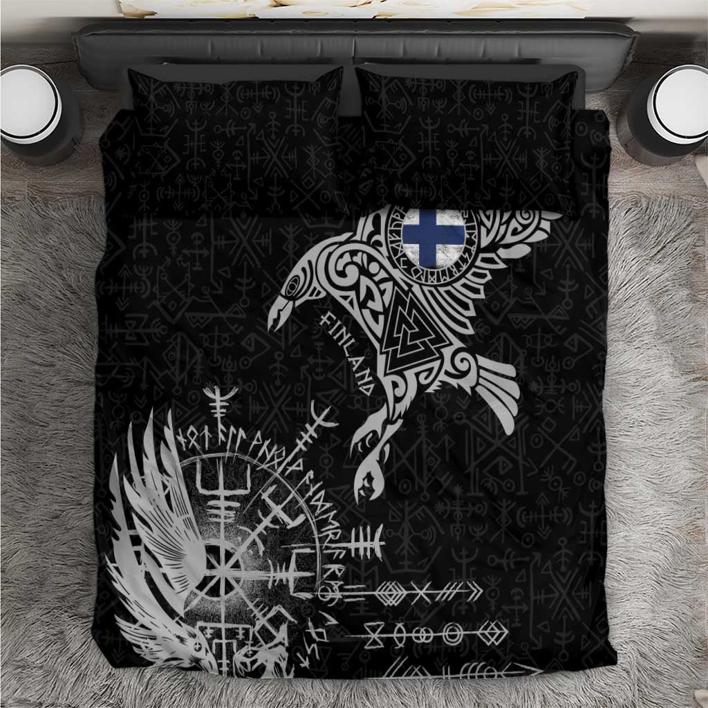 Finland Viking Ravens Bedding Set Vegvisir Runes Pattern - Wonder Print Shop