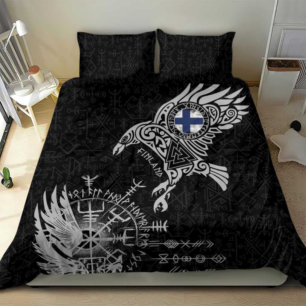 Finland Viking Ravens Bedding Set Vegvisir Runes Pattern - Wonder Print Shop