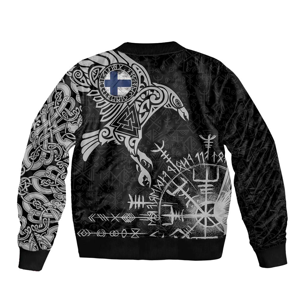 Finland Viking Ravens Bomber Jacket Vegvisir Runes Pattern - Wonder Print Shop