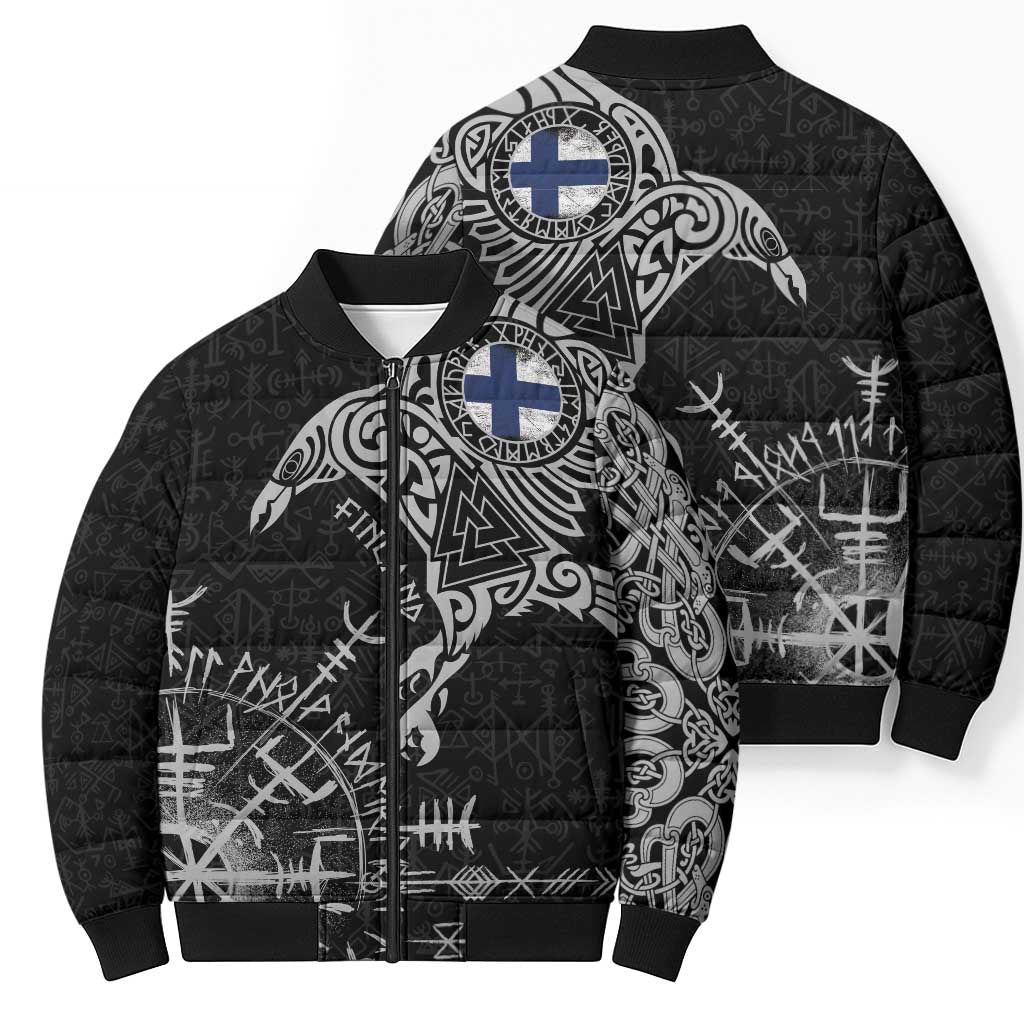 Finland Viking Ravens Bomber Puffer Jacket Vegvisir Runes Pattern - Wonder Print Shop