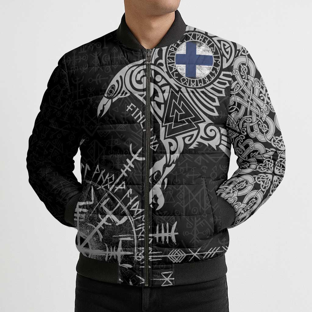 Finland Viking Ravens Bomber Puffer Jacket Vegvisir Runes Pattern - Wonder Print Shop