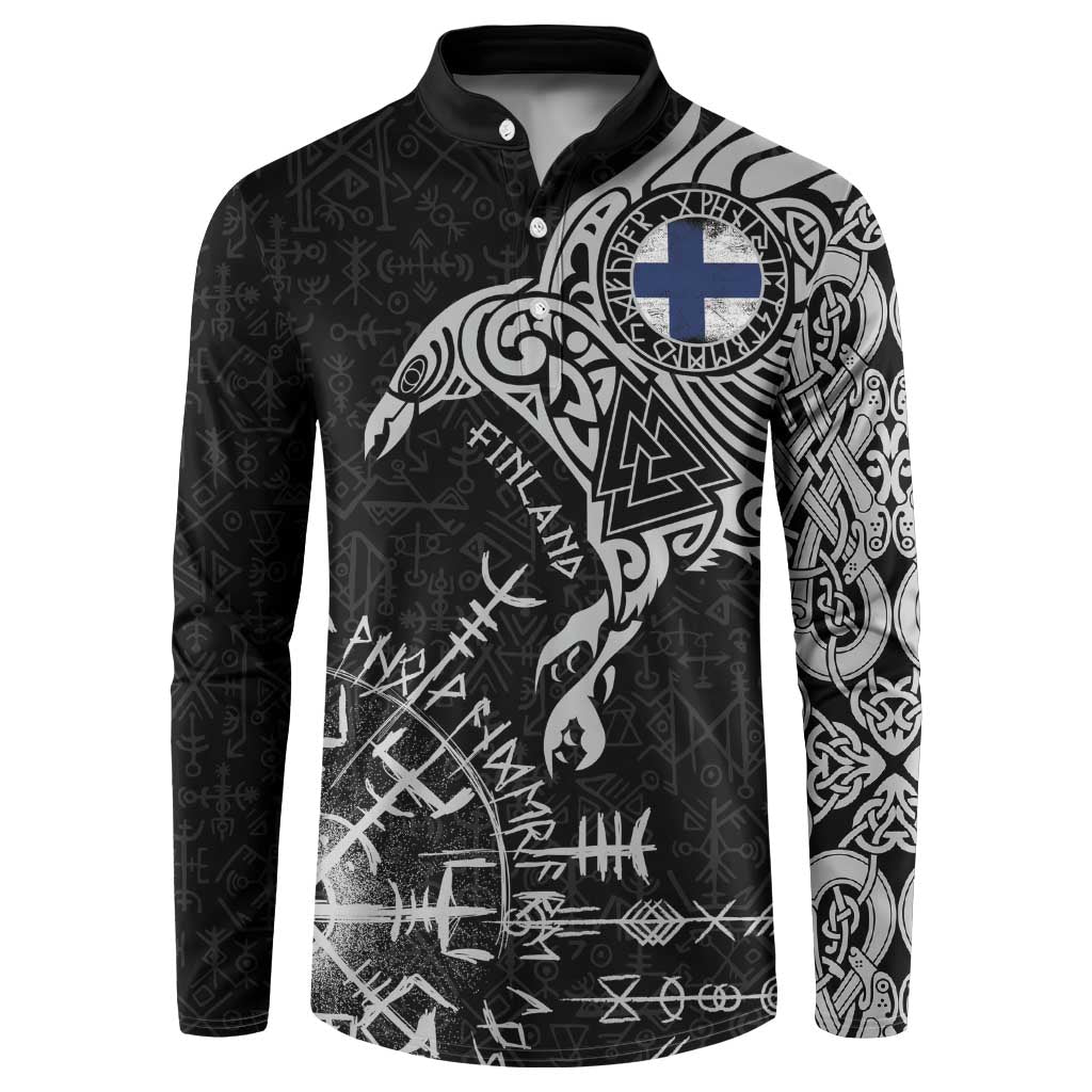 Finland Viking Ravens Button Sweatshirt Vegvisir Runes Pattern - Wonder Print Shop