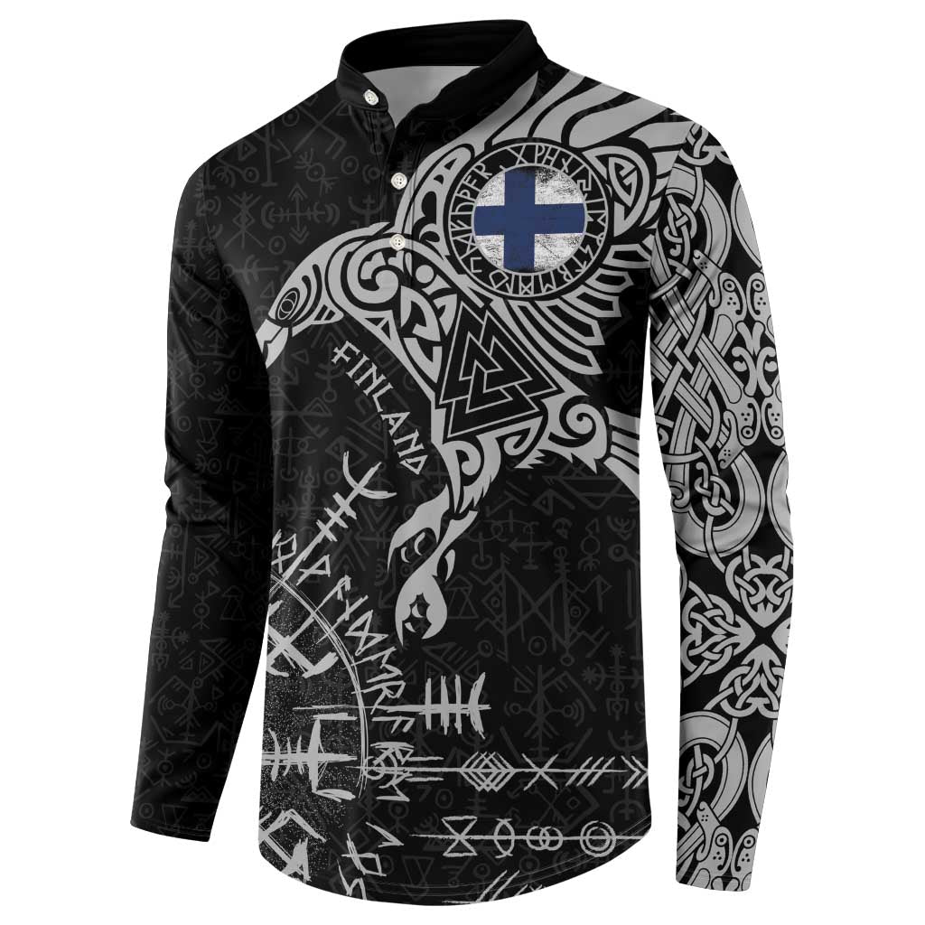 Finland Viking Ravens Button Sweatshirt Vegvisir Runes Pattern - Wonder Print Shop