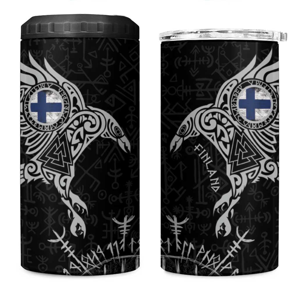 Finland Viking Ravens 4 in 1 Can Cooler Tumbler Vegvisir Runes Pattern - Wonder Print Shop