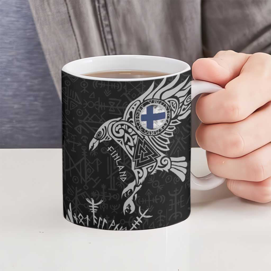 Finland Viking Ravens Ceramic Mug Vegvisir Runes Pattern - Wonder Print Shop