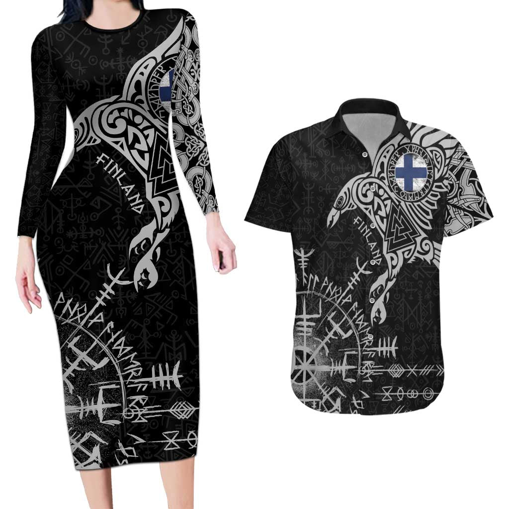 Finland Viking Ravens Couples Matching Long Sleeve Bodycon Dress and Hawaiian Shirt Vegvisir Runes Pattern - Wonder Print Shop