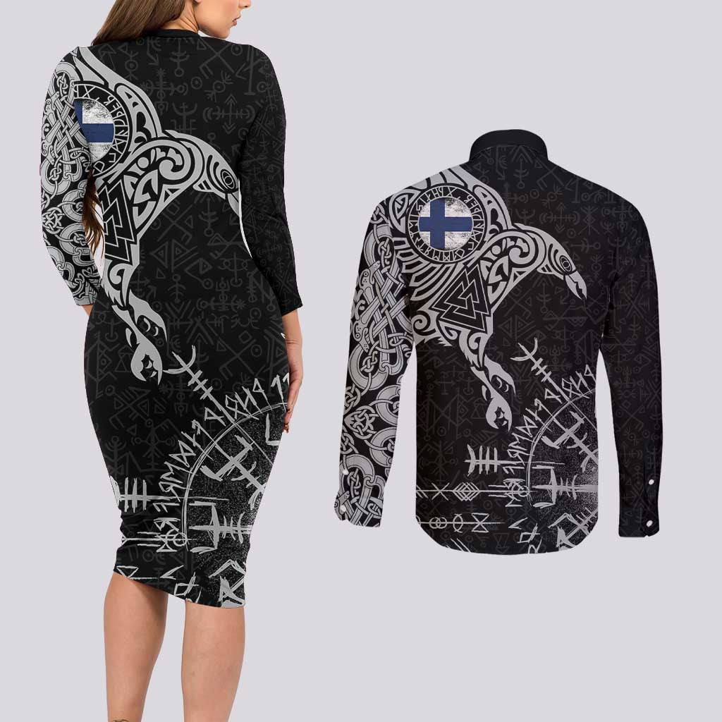 Finland Viking Ravens Couples Matching Long Sleeve Bodycon Dress and Long Sleeve Button Shirt Vegvisir Runes Pattern - Wonder Print Shop