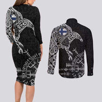 Finland Viking Ravens Couples Matching Long Sleeve Bodycon Dress and Long Sleeve Button Shirt Vegvisir Runes Pattern - Wonder Print Shop