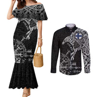 Finland Viking Ravens Couples Matching Mermaid Dress and Long Sleeve Button Shirt Vegvisir Runes Pattern - Wonder Print Shop
