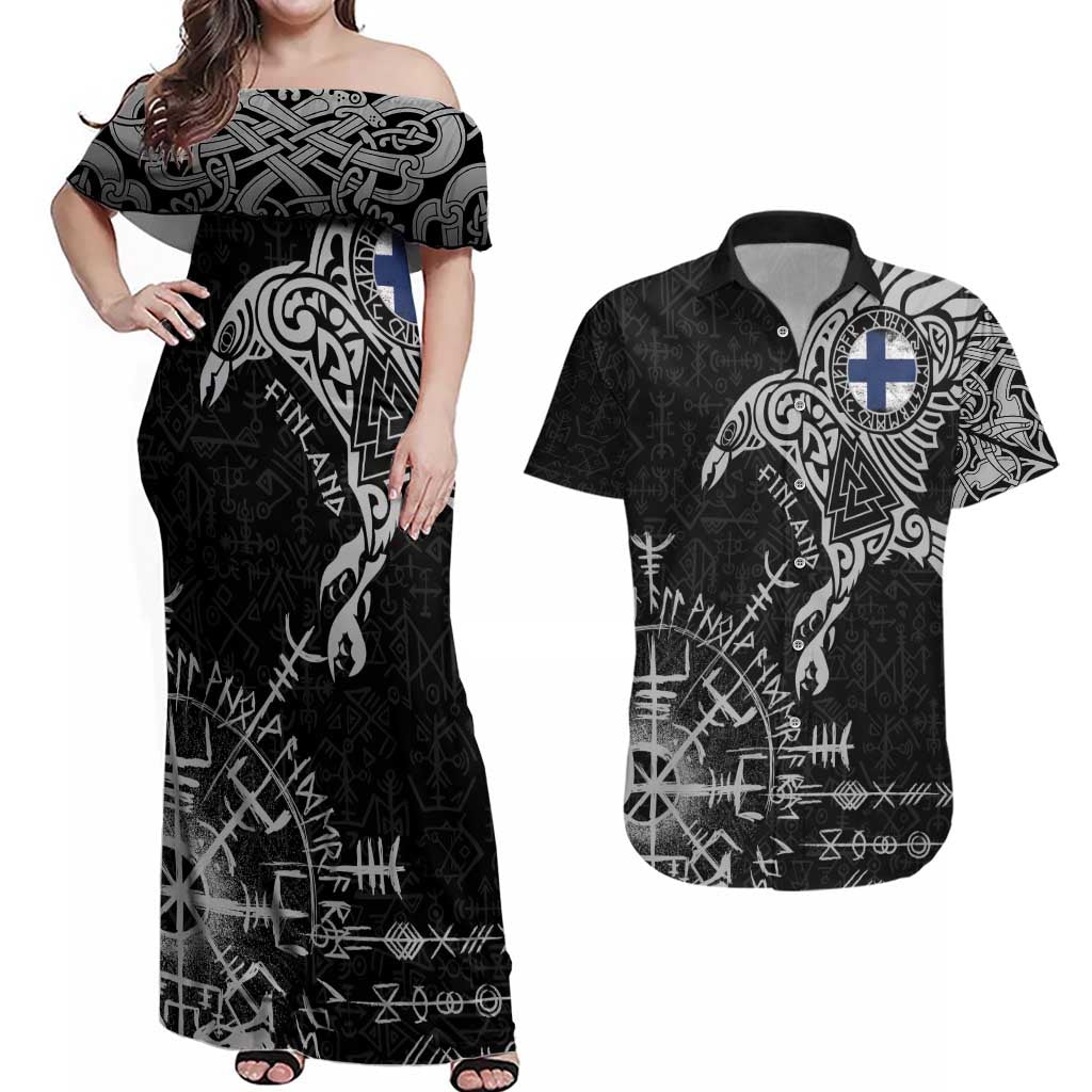 Finland Viking Ravens Couples Matching Off Shoulder Maxi Dress and Hawaiian Shirt Vegvisir Runes Pattern - Wonder Print Shop