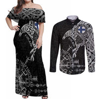 Finland Viking Ravens Couples Matching Off Shoulder Maxi Dress and Long Sleeve Button Shirt Vegvisir Runes Pattern - Wonder Print Shop