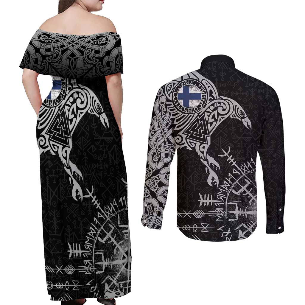 Finland Viking Ravens Couples Matching Off Shoulder Maxi Dress and Long Sleeve Button Shirt Vegvisir Runes Pattern - Wonder Print Shop