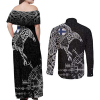 Finland Viking Ravens Couples Matching Off Shoulder Maxi Dress and Long Sleeve Button Shirt Vegvisir Runes Pattern - Wonder Print Shop