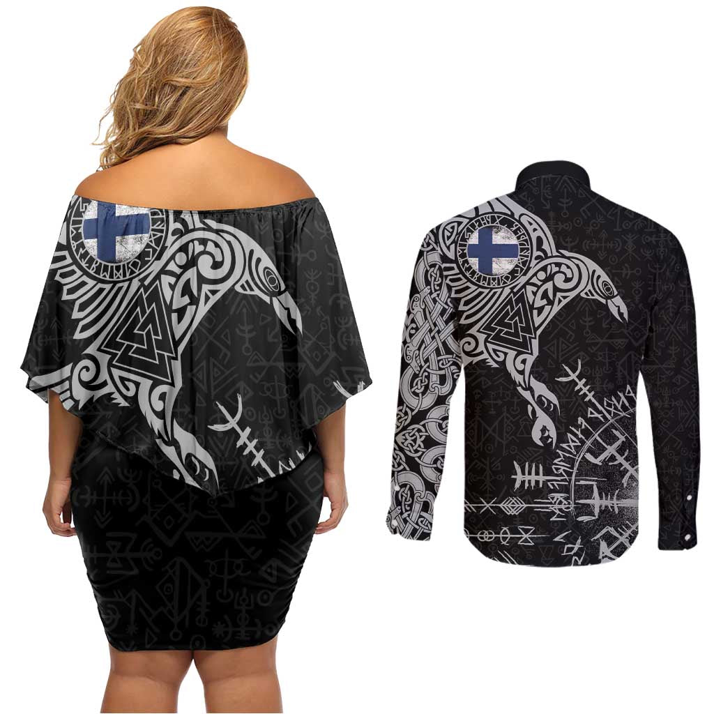 Finland Viking Ravens Couples Matching Off Shoulder Short Dress and Long Sleeve Button Shirt Vegvisir Runes Pattern - Wonder Print Shop