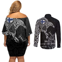 Finland Viking Ravens Couples Matching Off Shoulder Short Dress and Long Sleeve Button Shirt Vegvisir Runes Pattern - Wonder Print Shop
