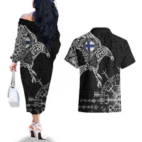 Finland Viking Ravens Couples Matching Off The Shoulder Long Sleeve Dress and Hawaiian Shirt Vegvisir Runes Pattern - Wonder Print Shop