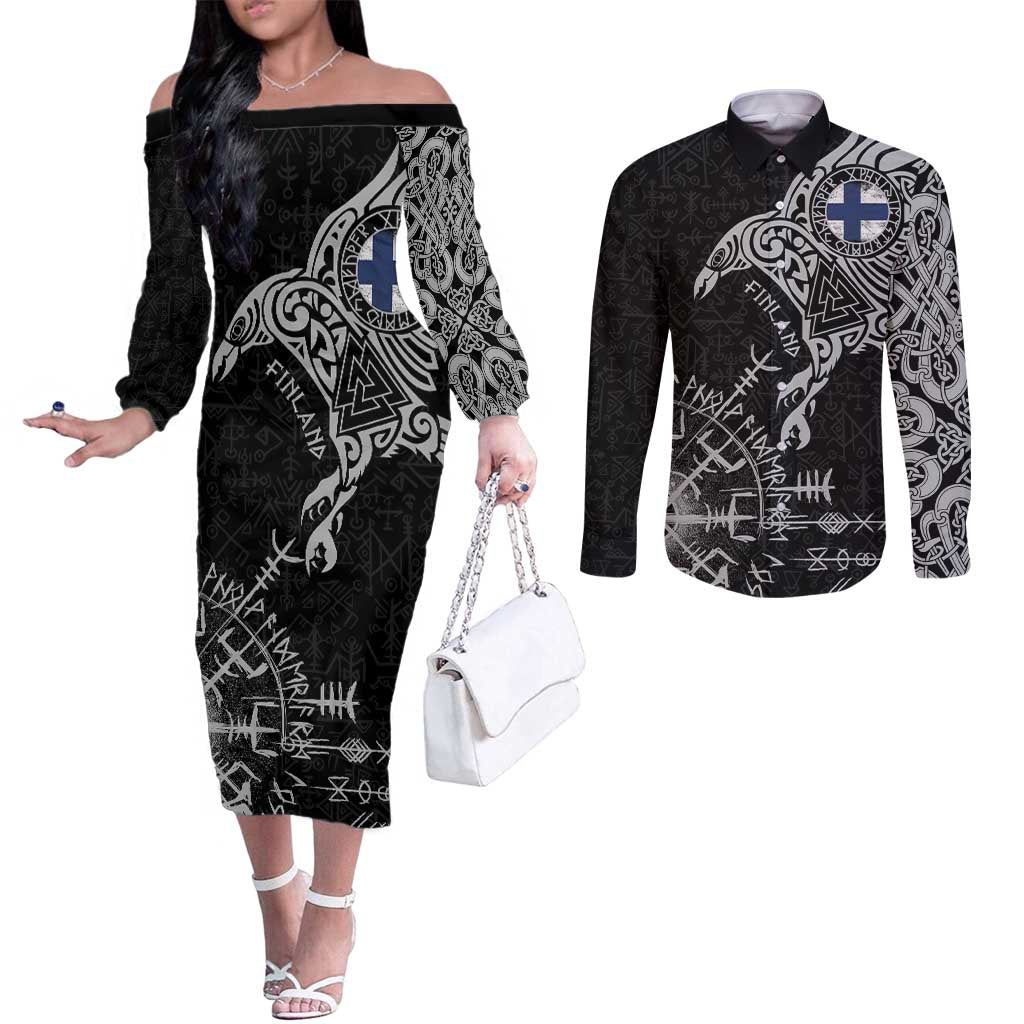 Finland Viking Ravens Couples Matching Off The Shoulder Long Sleeve Dress and Long Sleeve Button Shirt Vegvisir Runes Pattern - Wonder Print Shop