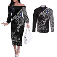 Finland Viking Ravens Couples Matching Off The Shoulder Long Sleeve Dress and Long Sleeve Button Shirt Vegvisir Runes Pattern - Wonder Print Shop